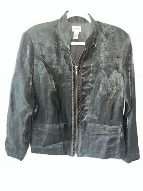 Chico's Shimmery Black Zip-Front Jacket metal details Size 2 L
